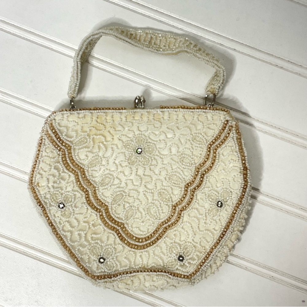 Vintage Elegant Cream Beaded Handbag - Picture 3 of 9